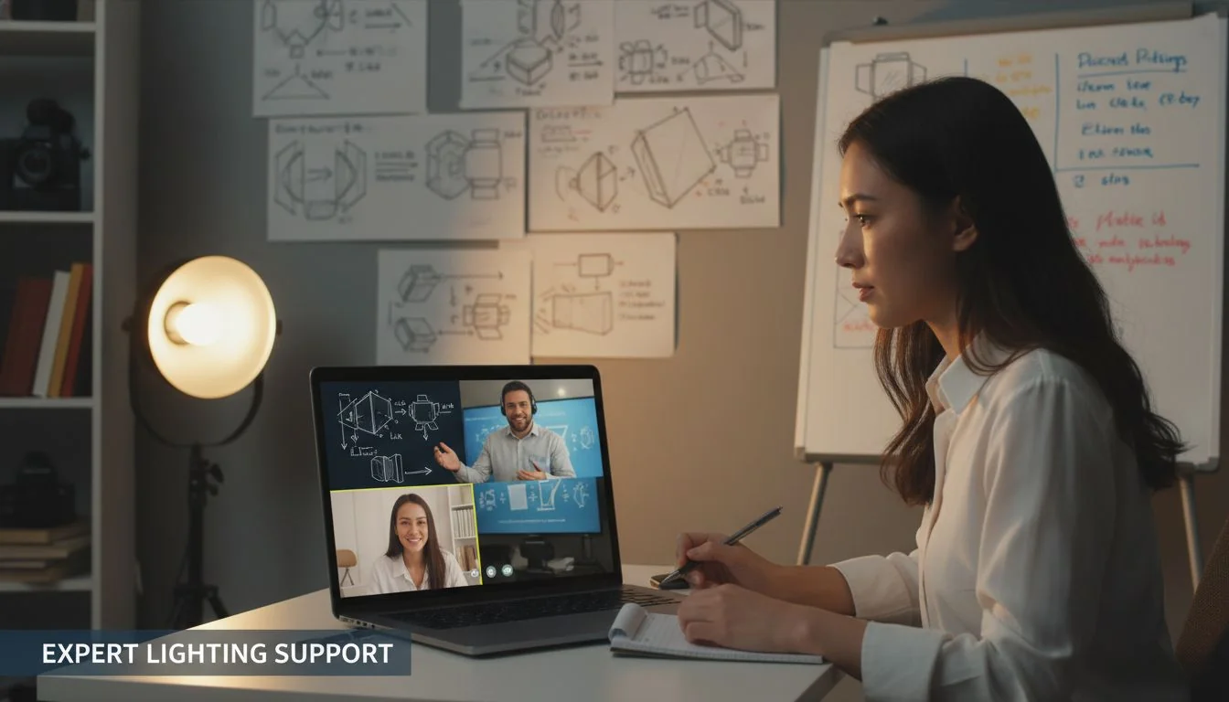 A person on a video call with a support agent, with lighting diagrams in the background
