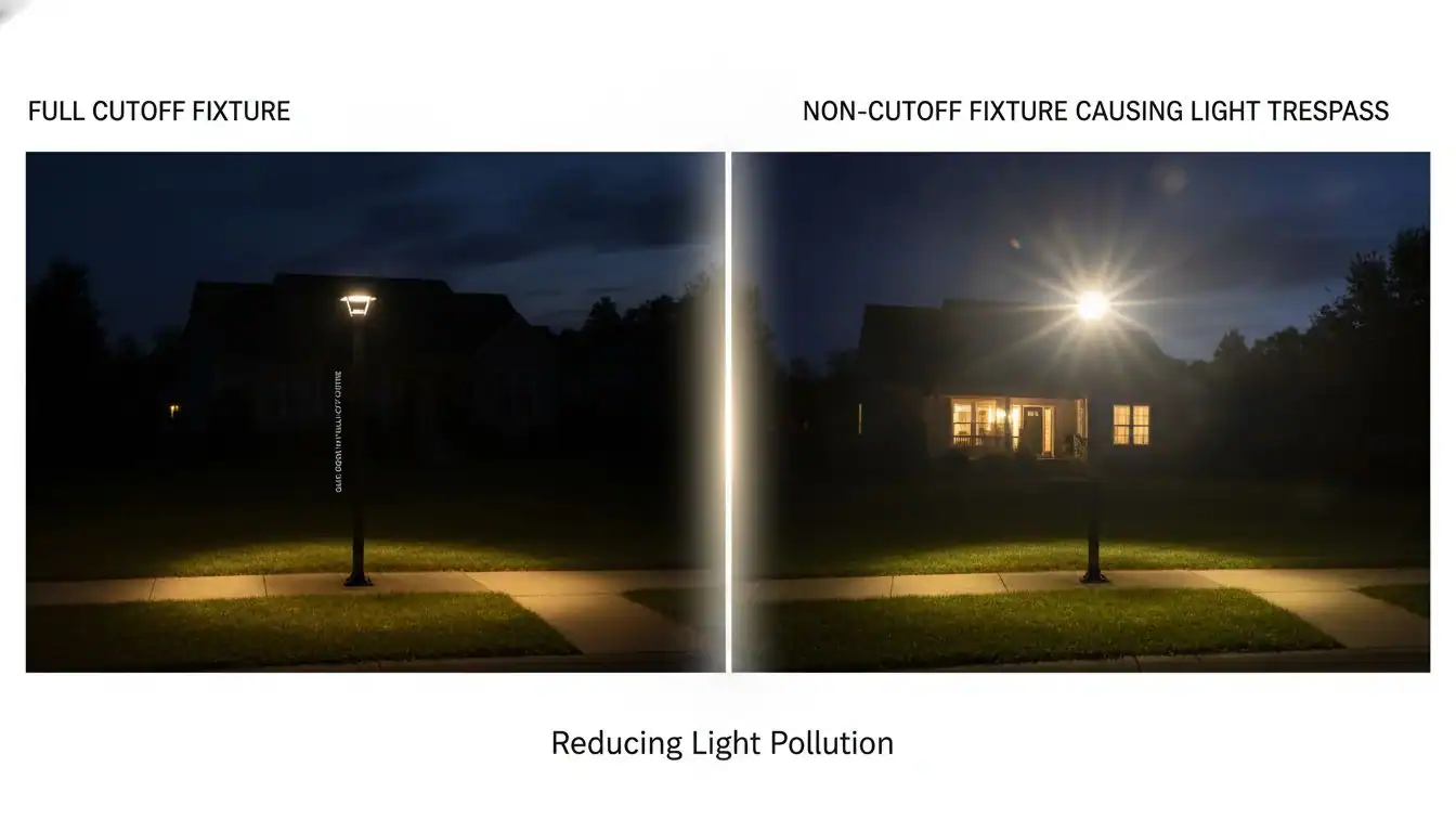 An image showing the difference between a full cutoff fixture and a non-cutoff fixture causing light trespass.