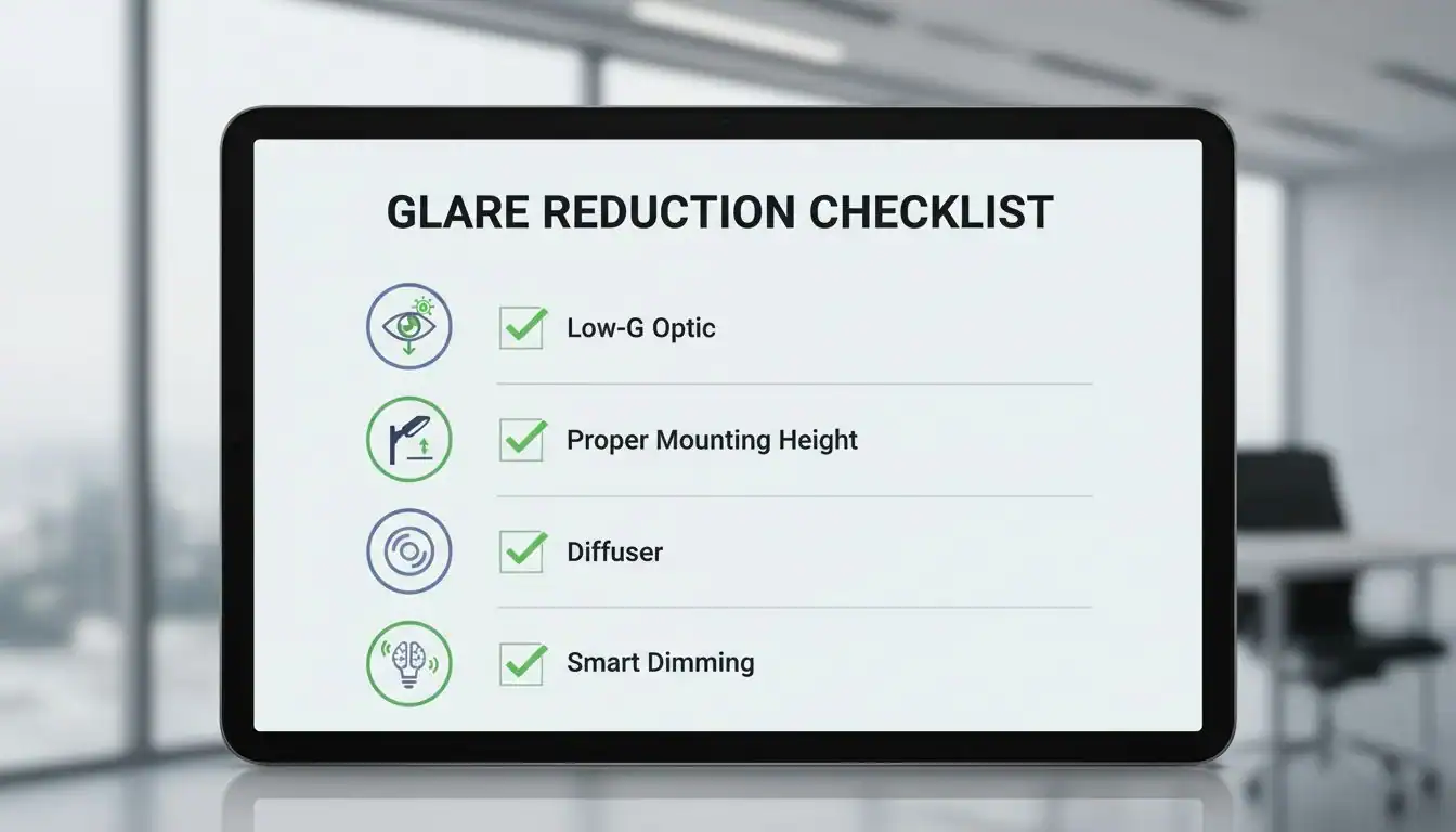 An icon-based checklist showing key glare reduction techniques: low-G optic, proper mounting height, diffuser, and smart dimming.