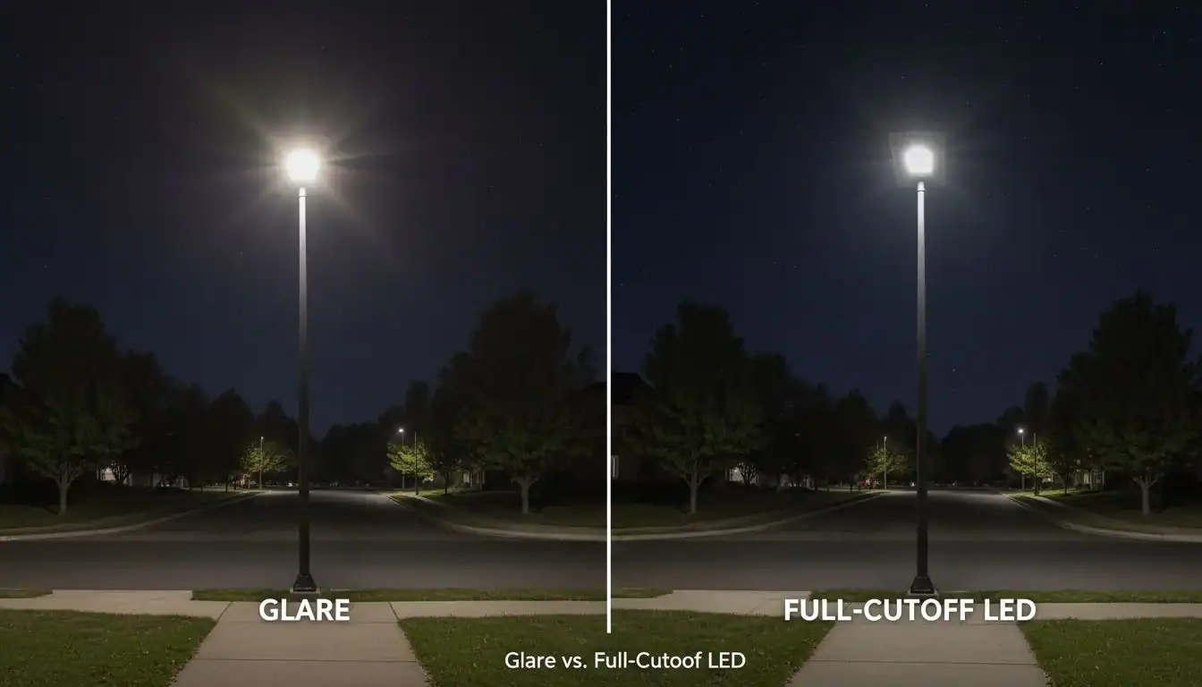 Glare vs. Full-Cutoff LED An image comparing a glaring, poorly shielded street light with a modern, full-cutoff LED fixture.