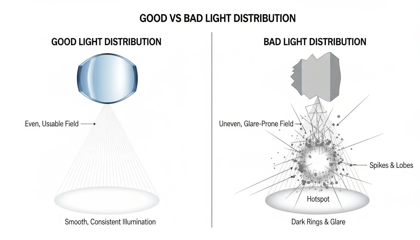 Diagram showing light distribution from a good optic vs a poor one