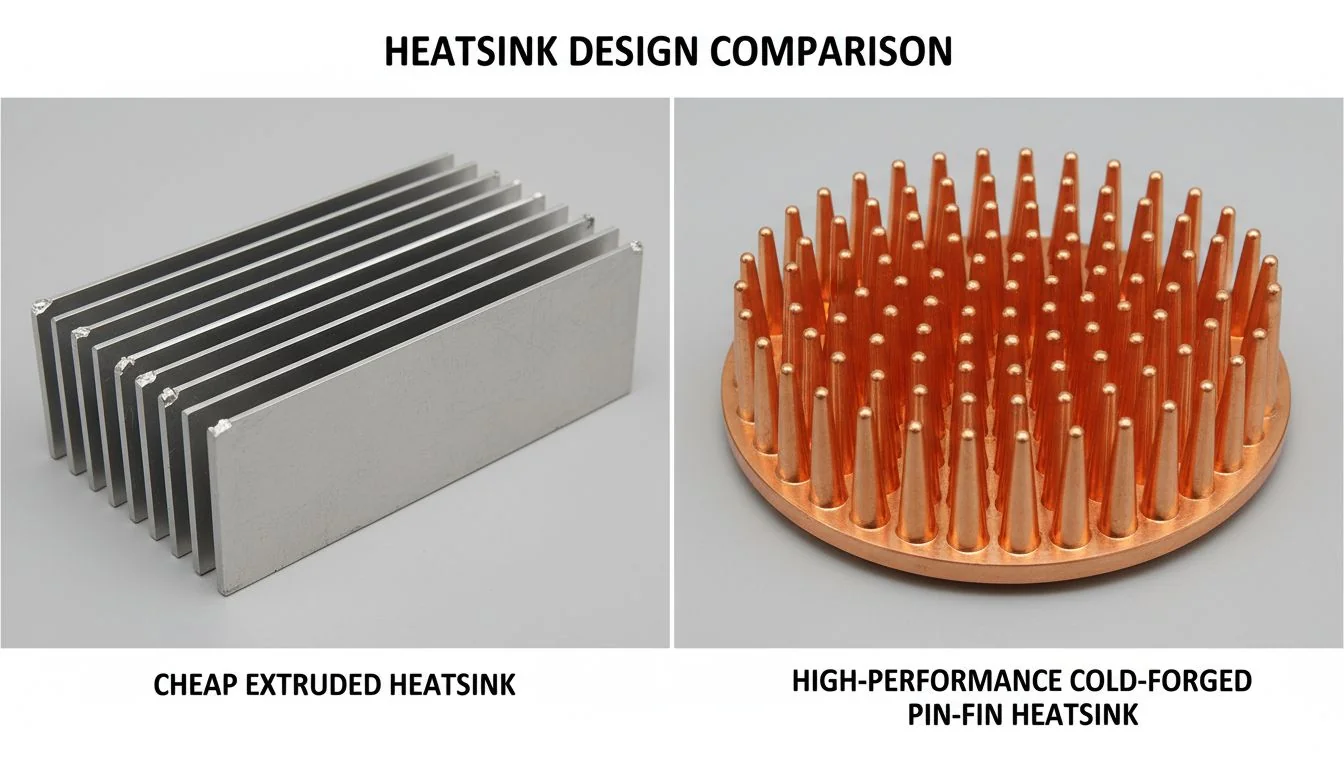 An image comparing a cheap, extruded heatsink next to a high-performance, cold-forged pin-fin heatsink.