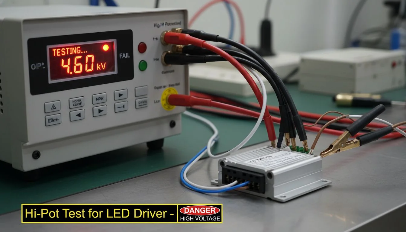 Close-up of a Hi-Pot testing machine with wires connected to an LED driver.