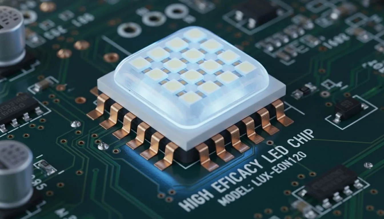 A close-up shot of a high-efficacy LED chip on a circuit board