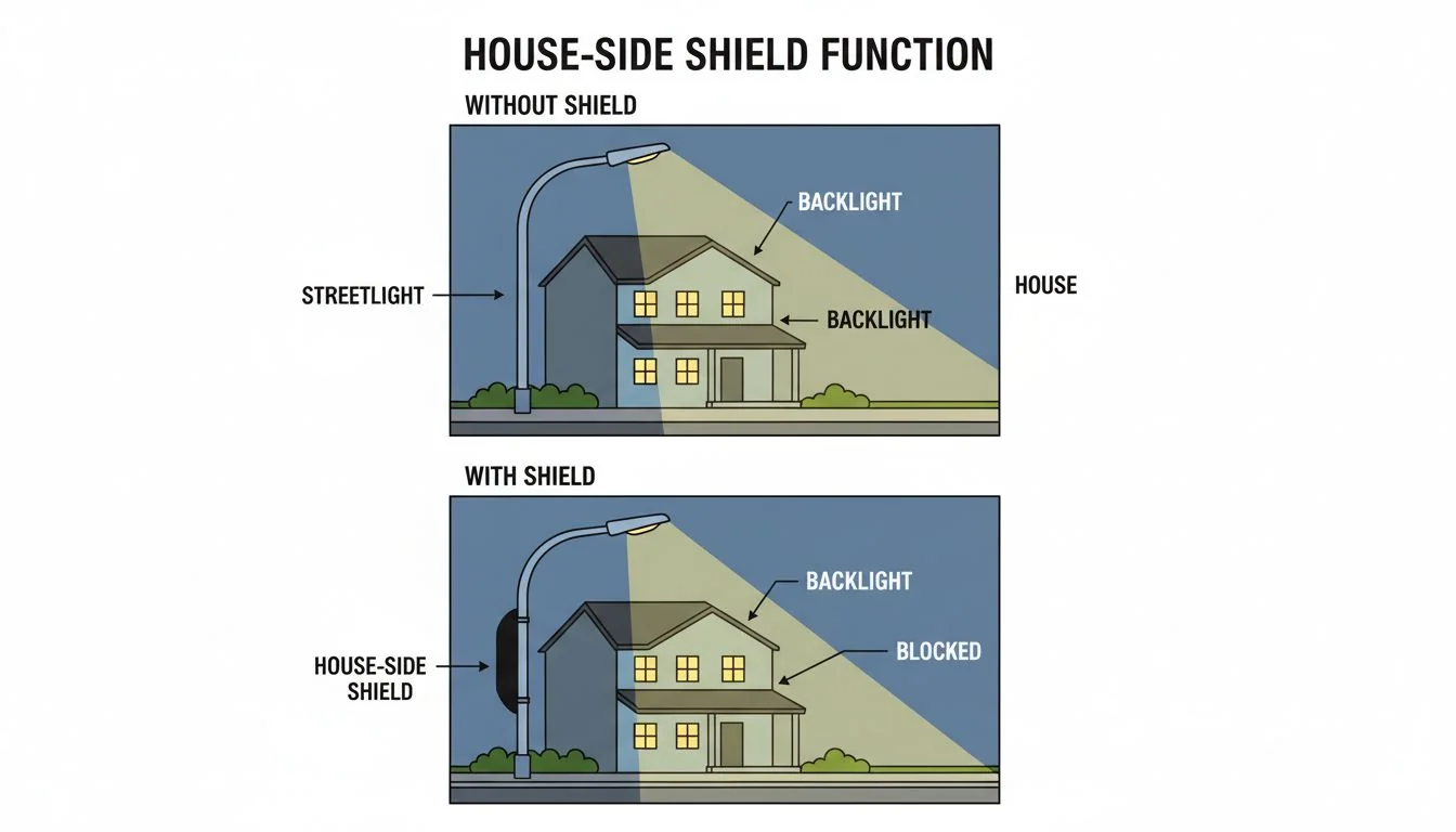 An illustration showing how a house-side shield on a streetlight blocks backlight from hitting a house.