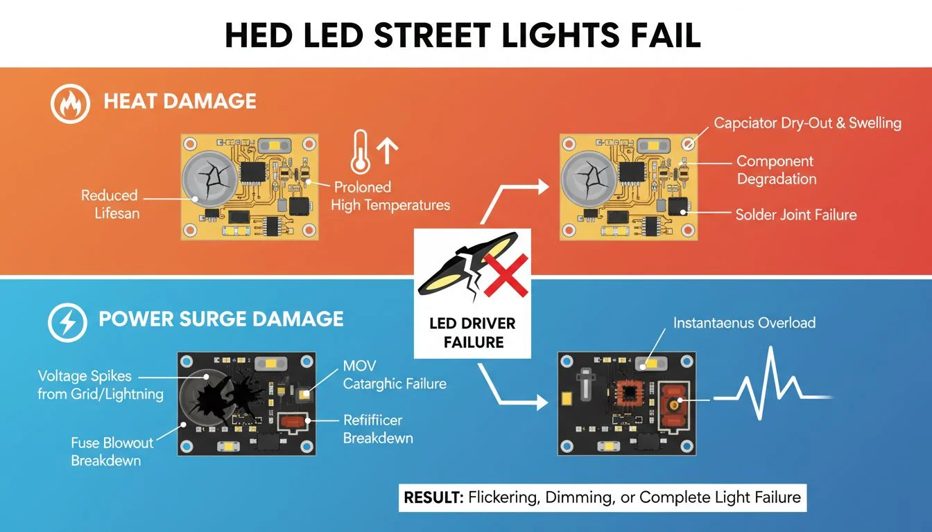 An infographic showing how heat and power surges damage an LED driver's internal components.