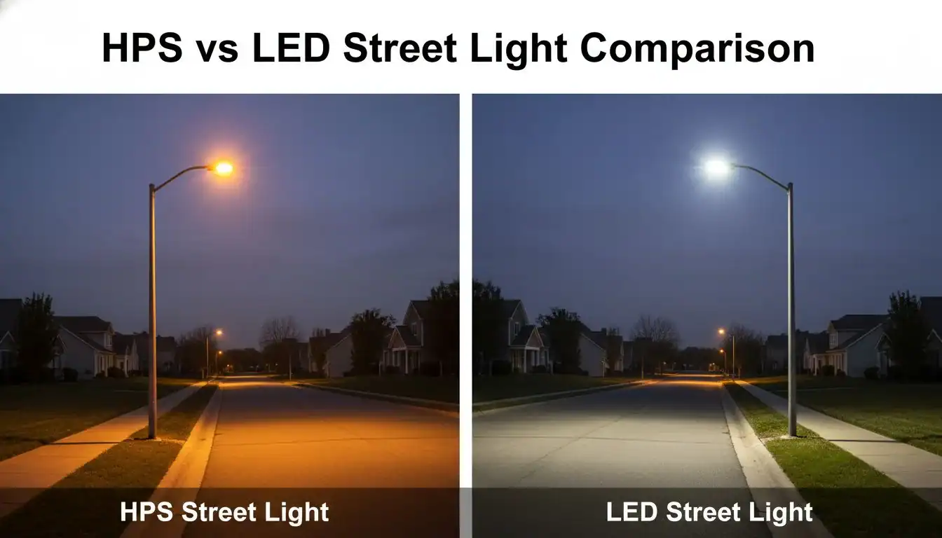 A side-by-side comparison of an old HPS street light and a new LED street light