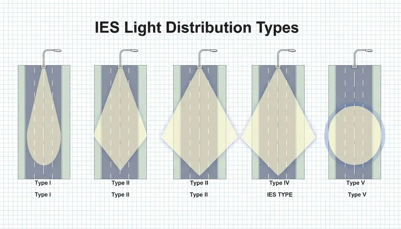 A diagram showing different IES light distribution types over a roadway