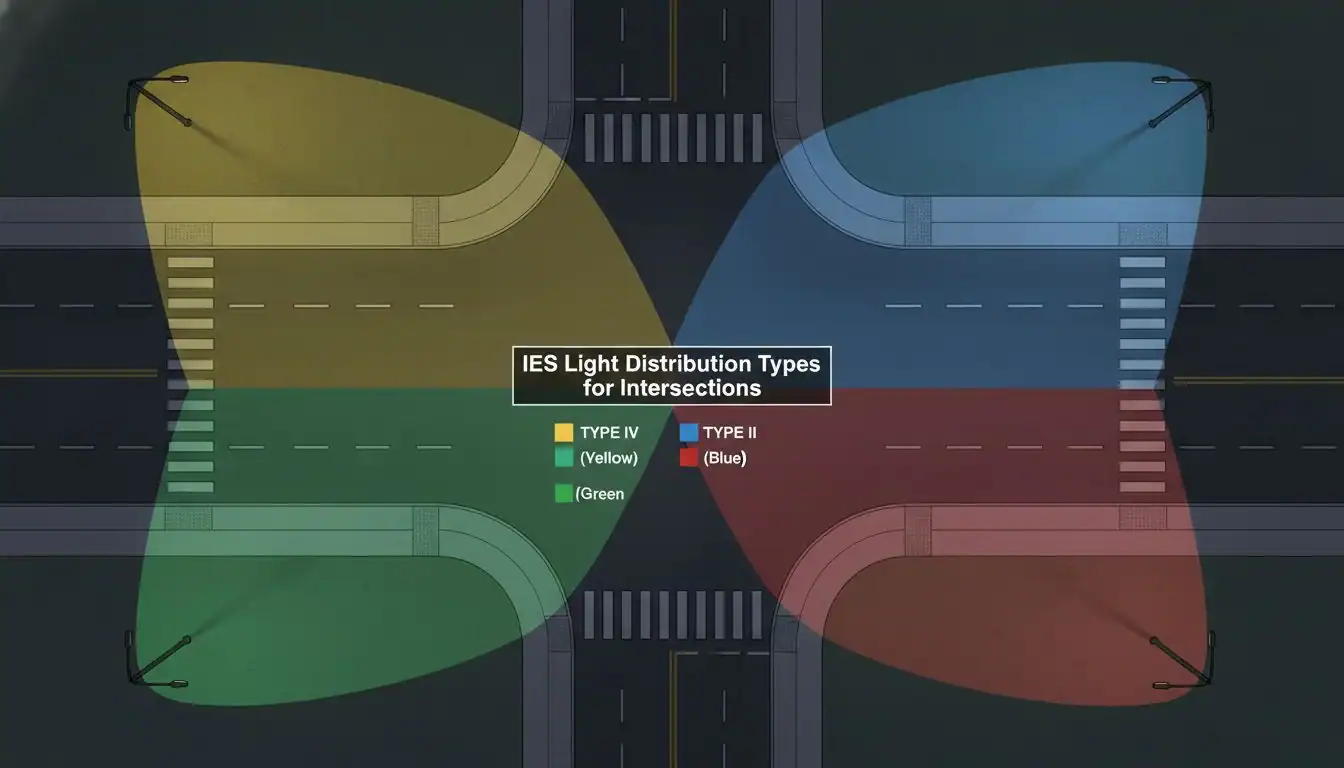 An illustration showing different IES light distribution patterns over a four-way intersection.