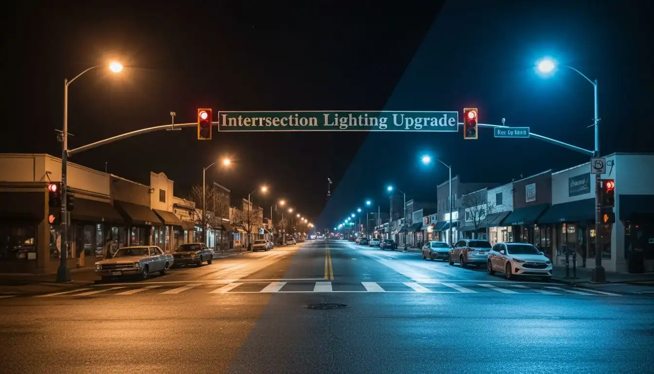 Intersection Lighting Upgrade An intersection at night, half with old dim lighting and half with bright, clear LED lighting.