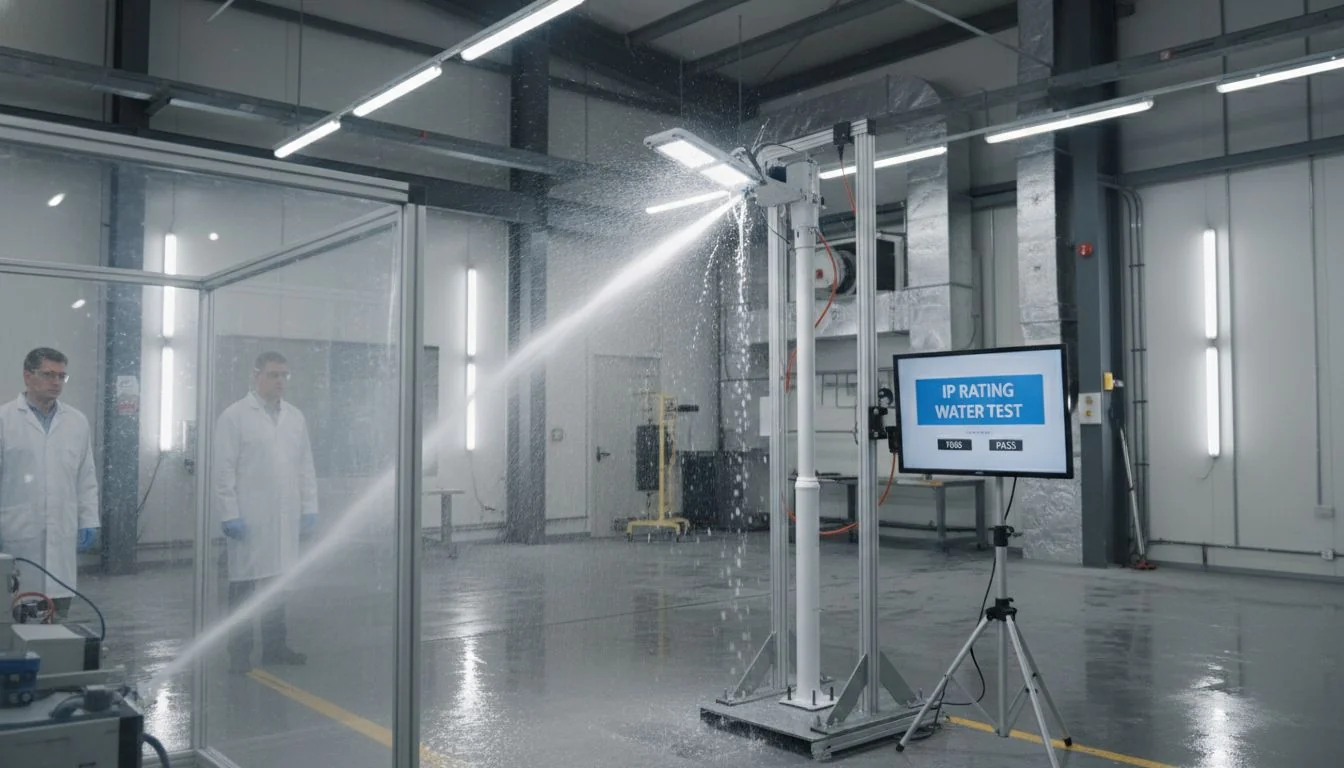 A street light being tested with a water jet for IP rating