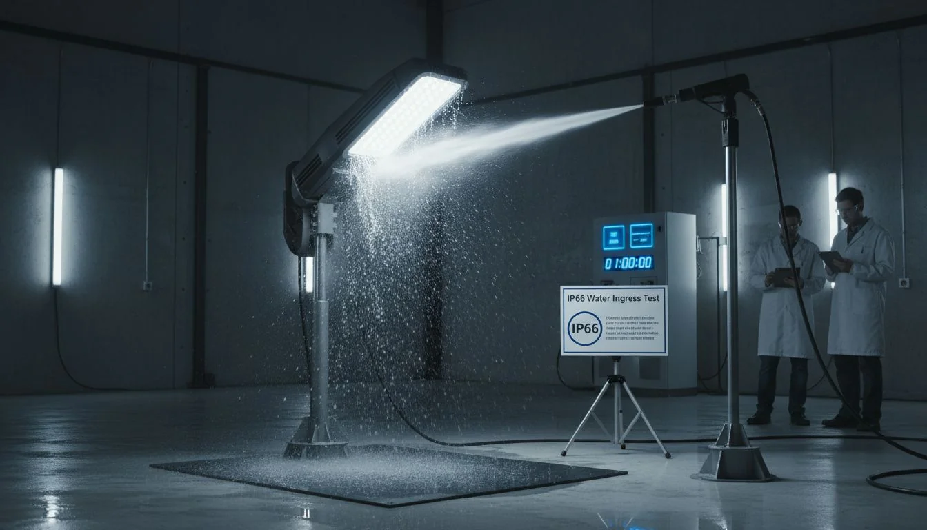A street light being tested with a high-pressure water jet for IP66 rating