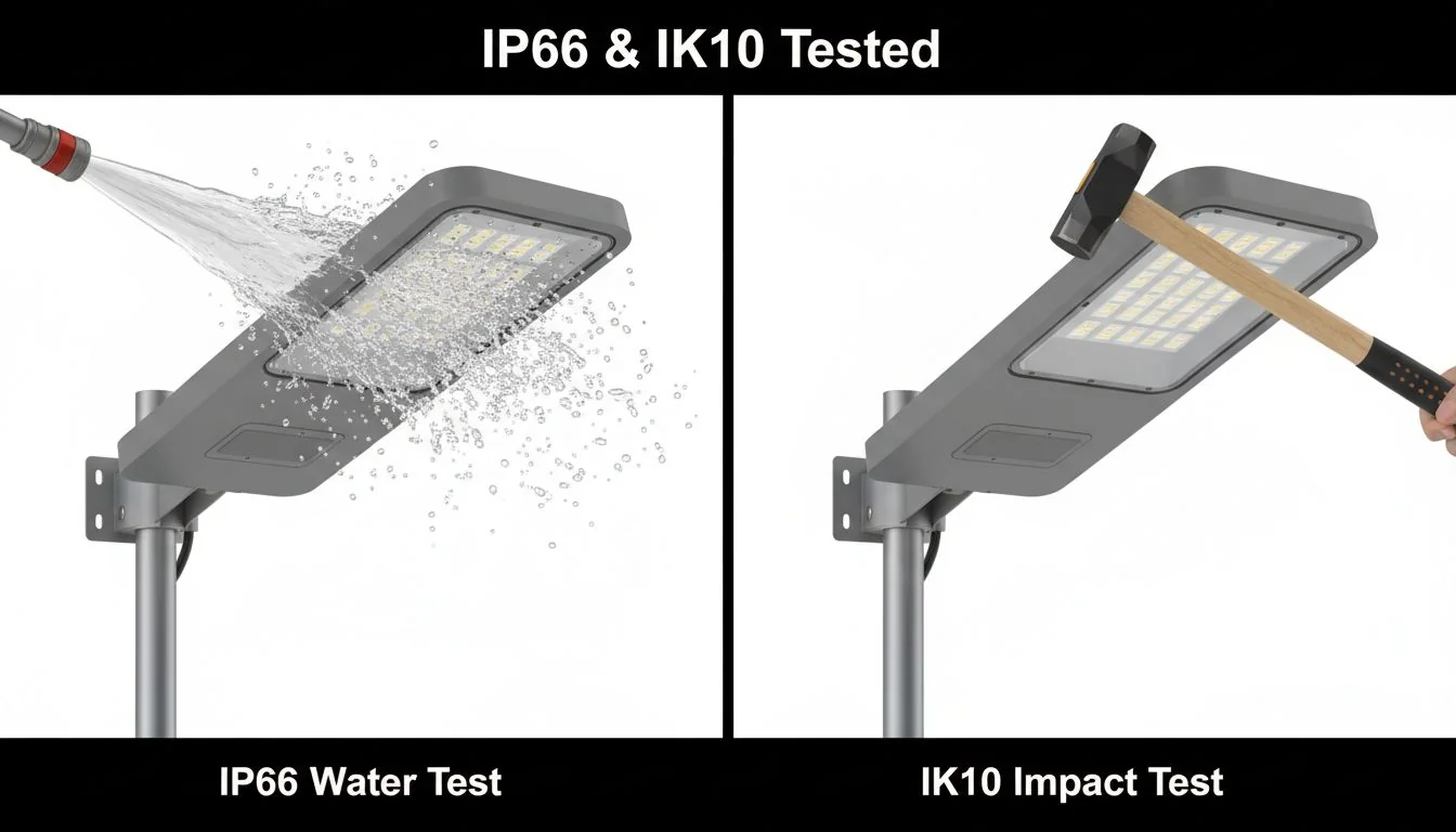 A GIF showing a water jet being sprayed on an IP66-rated street light and a hammer hitting an IK10-rated lens