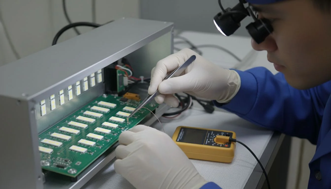 A photo of a lab technician attaching a thermocouple wire to the TMPLED point on an LED board inside a luminaire.