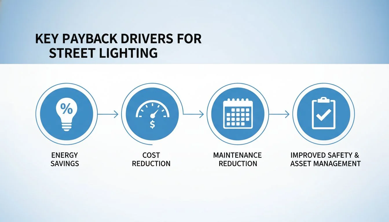 Key Payback Drivers for Street Lighting An infographic showing four icons: a lightbulb with a percent sign, a dollar sign on a meter, a calendar, and a clipboard with a checkmark