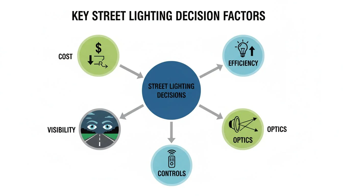 A diagram showing the five key factors of street lighting decisions: Efficiency, Optics, Visibility, Cost, and Controls