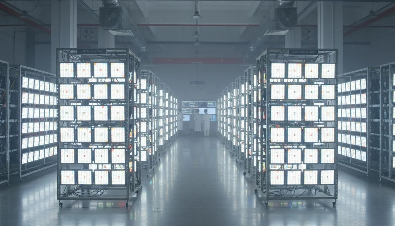 Racks of LED panel lights illuminated during a factory burn-in test.