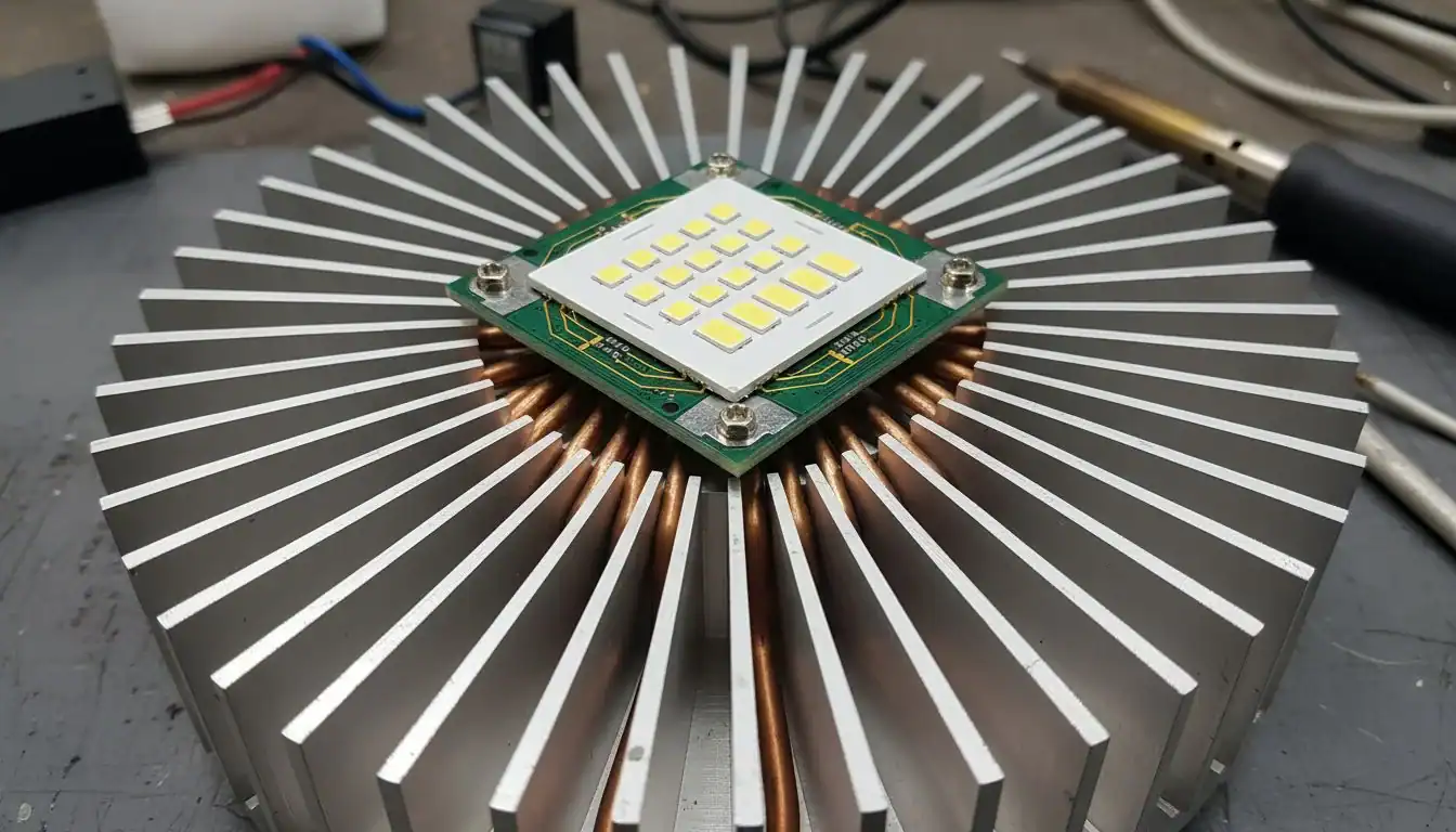 A close-up shot of an LED chip on a circuit board, connected to a large aluminum heatsink.