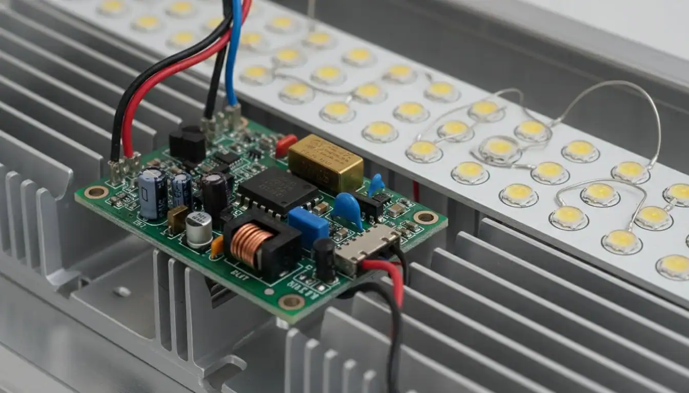 A close-up of the internal components of an LED fixture, showing the driver and heat sink