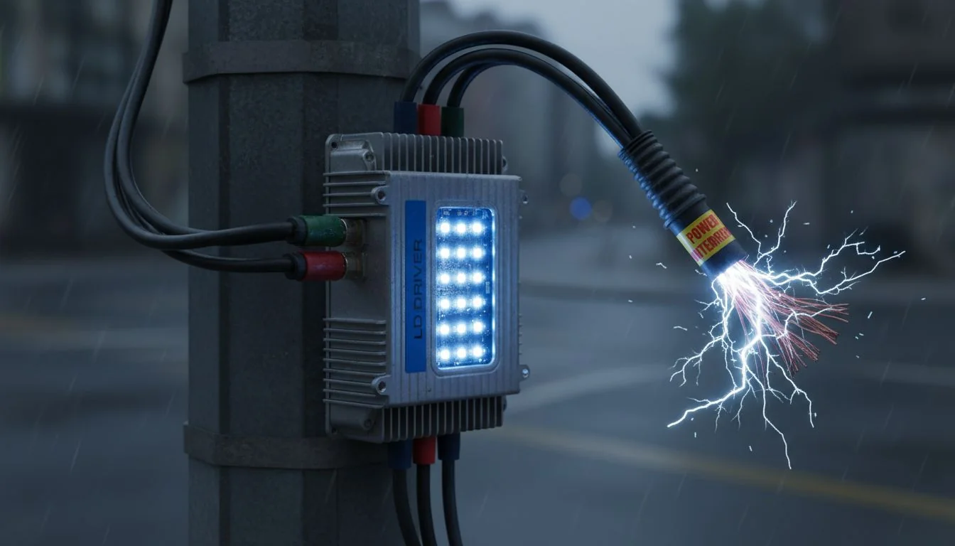 Close-up of an LED street light driver with power cables