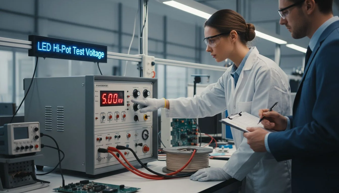 An engineer pointing to the voltage reading on a Hi-Pot tester during a quality check.