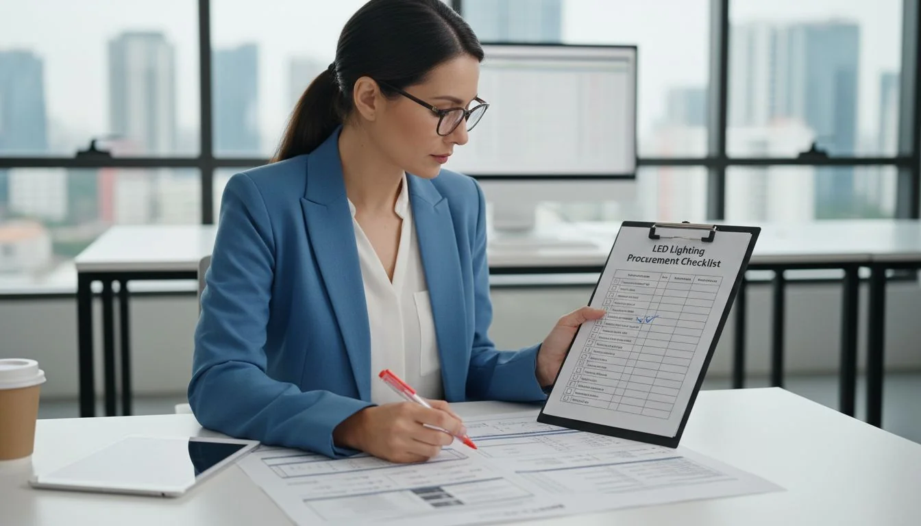 A procurement manager reviewing a technical specification sheet with a checklist.