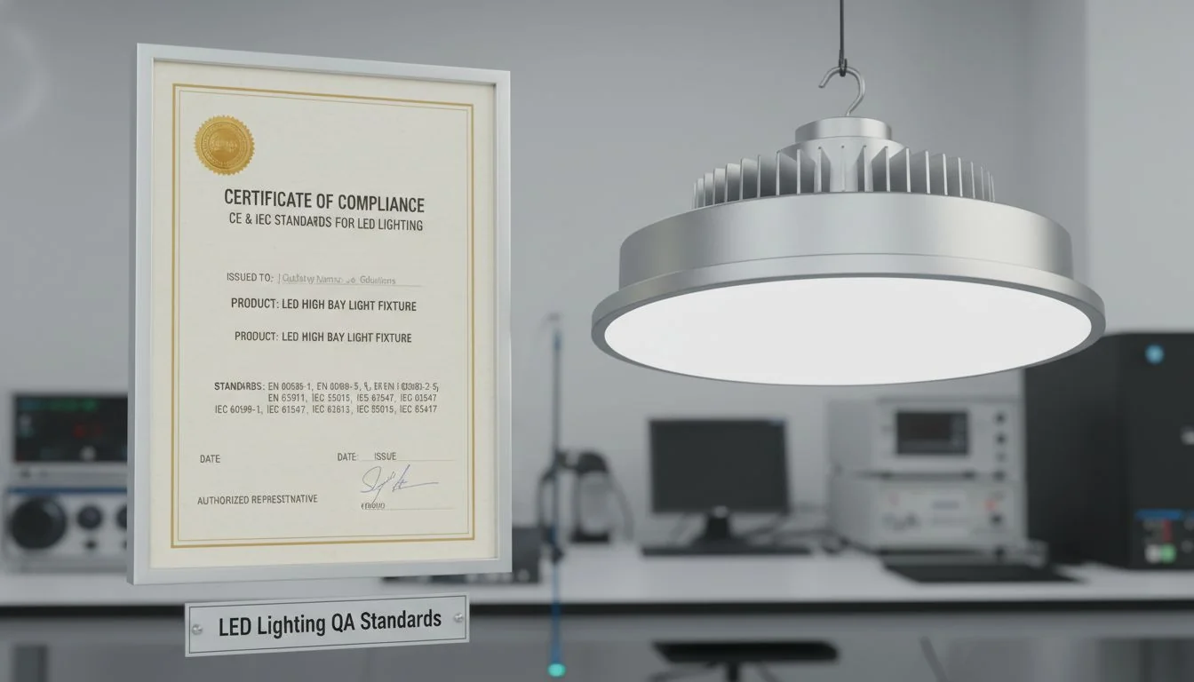 A certificate of compliance for CE and IEC standards next to an LED high bay light.