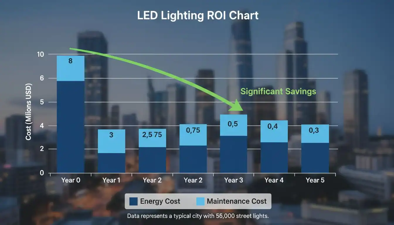 LED Lighting ROI Chart A chart showing the declining cost of energy and maintenance for a city after an LED upgrade.