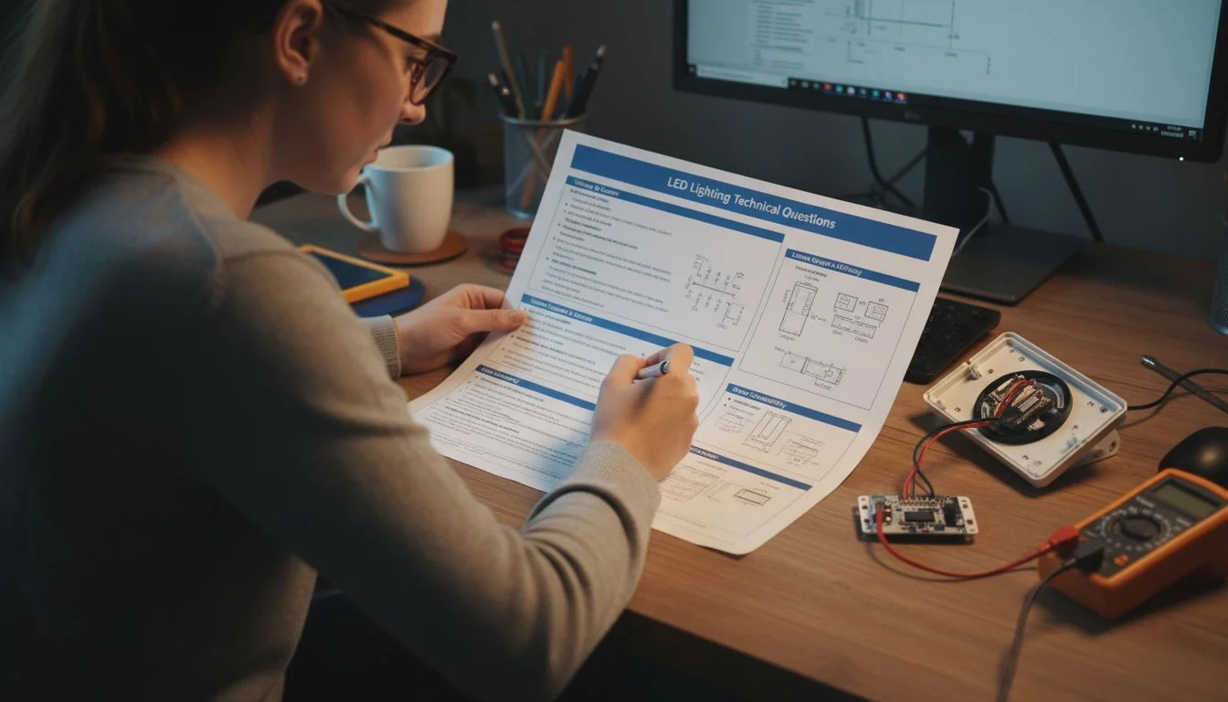 A person at a desk looking at a technical spec sheet for an LED light