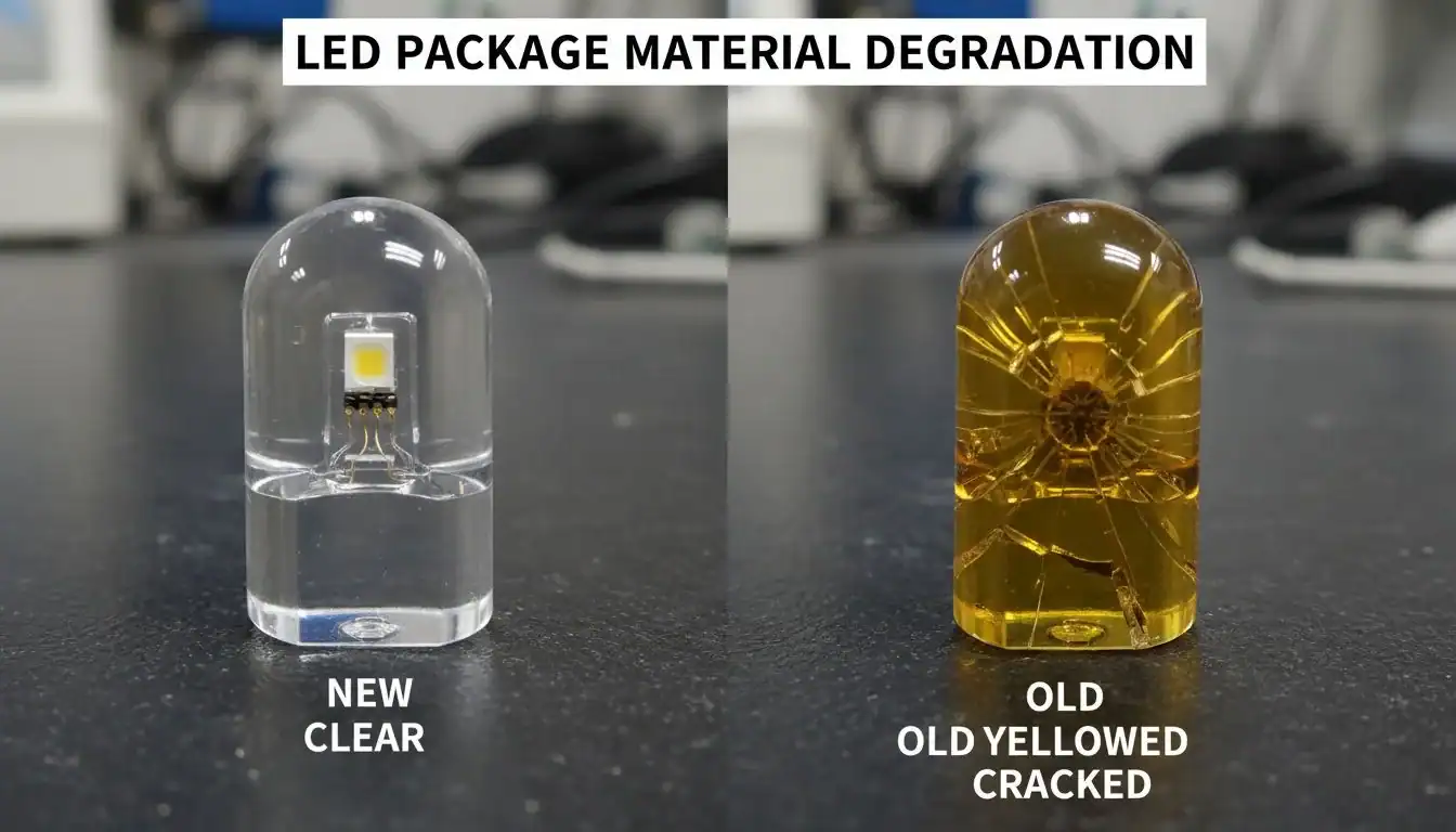 A comparison image showing a new, clear LED package next to an old, yellowed, and cracked one.