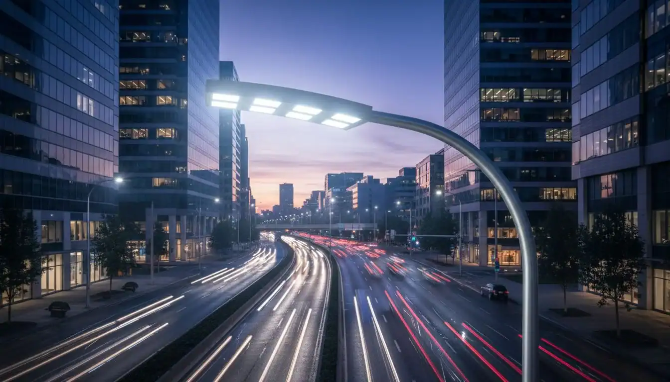 A modern LED street light at dusk illuminating a city road