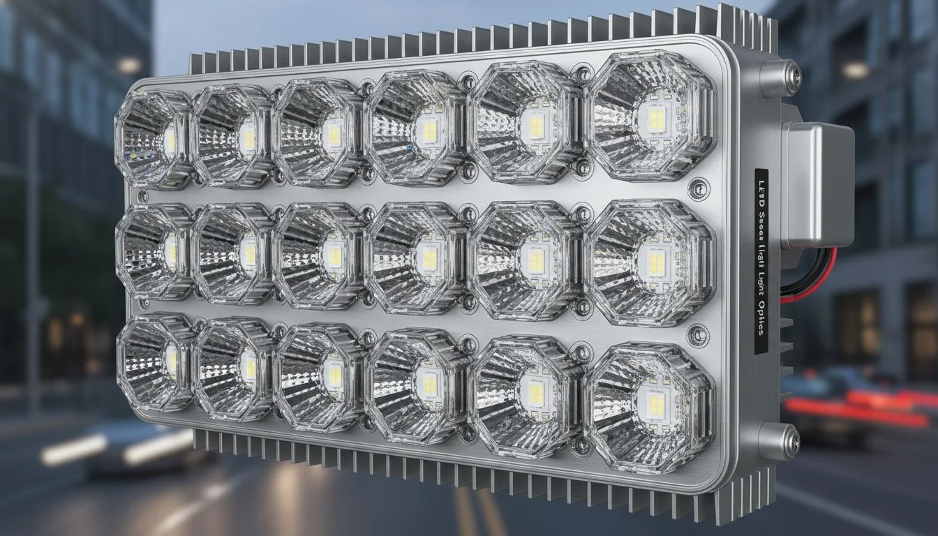 Close-up of an LED street light optic package