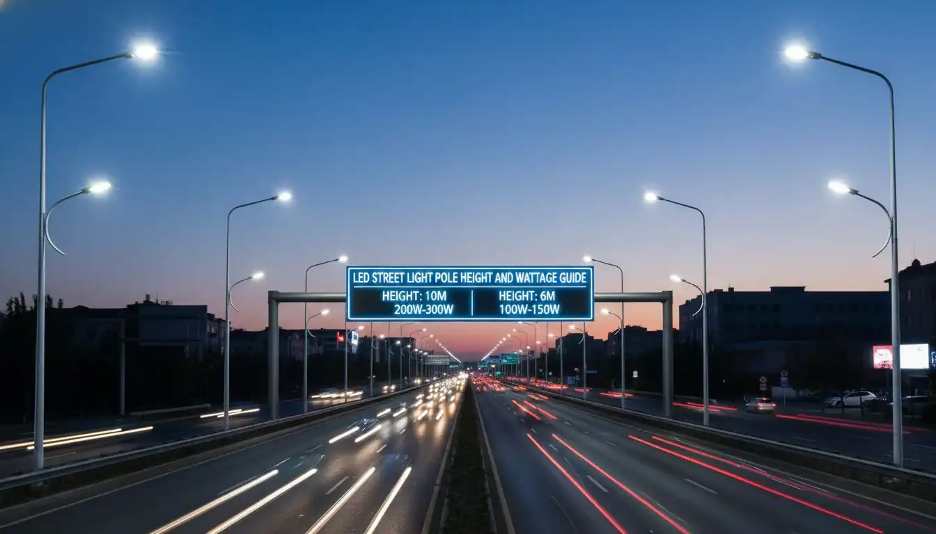 A well-lit multi-lane road at dusk showing LED street light poles