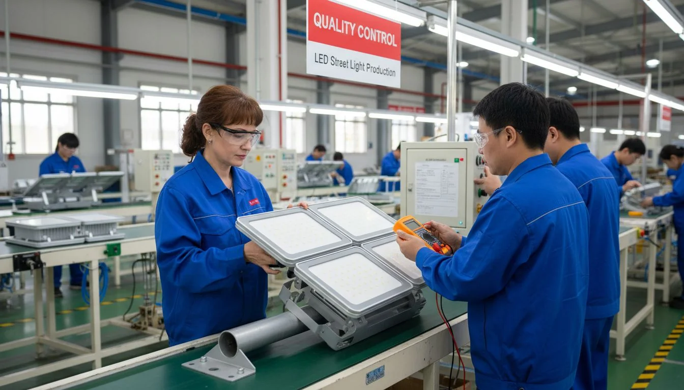 A quality control inspector checking an LED street light on a production line