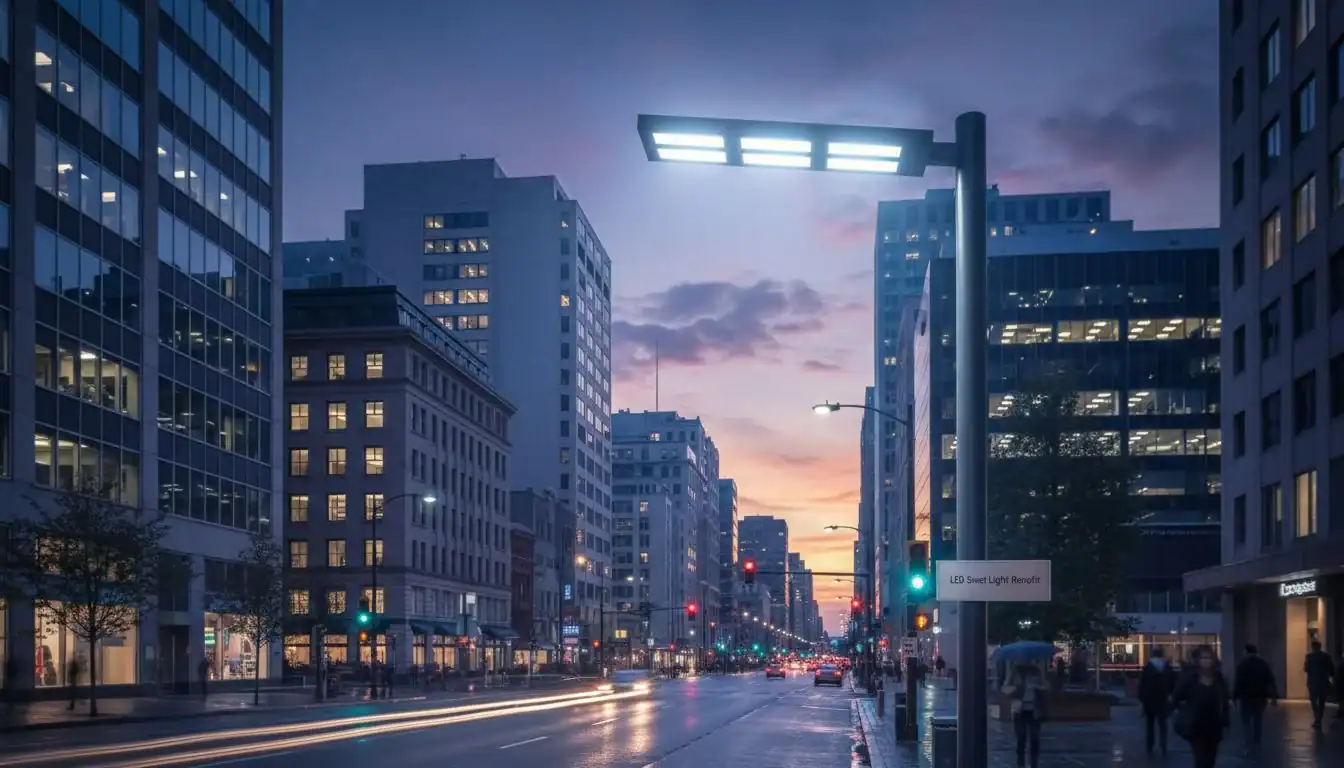 A modern LED street light illuminating a city street at dusk