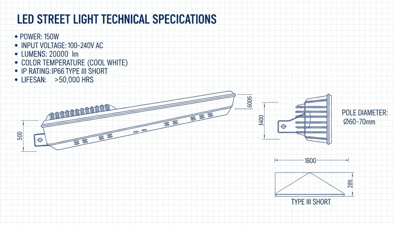 A technical drawing of an LED street light with specifications listed