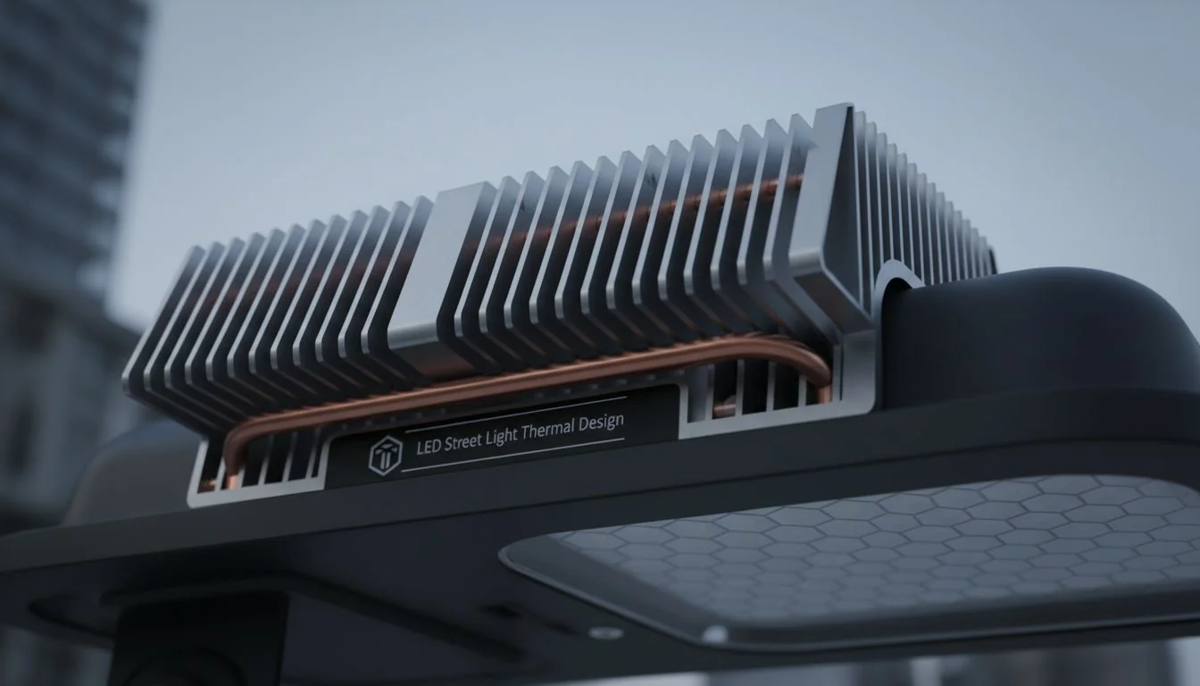 Close-up shot of a high-quality heat sink on an LED street light.