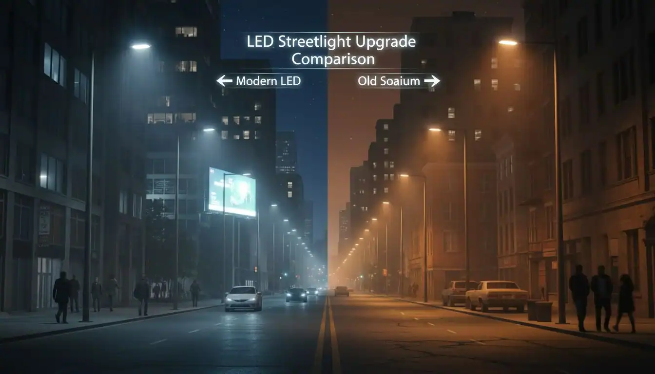 A city street at night with modern, bright LED streetlights on one side and old, dim orange sodium lights on the other