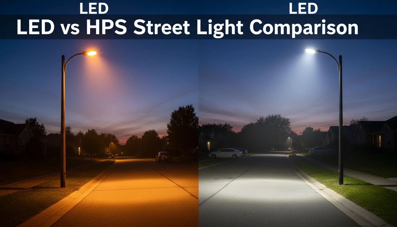 A side-by-side comparison of an old high-pressure sodium street light and a new, crisp white LED street light
