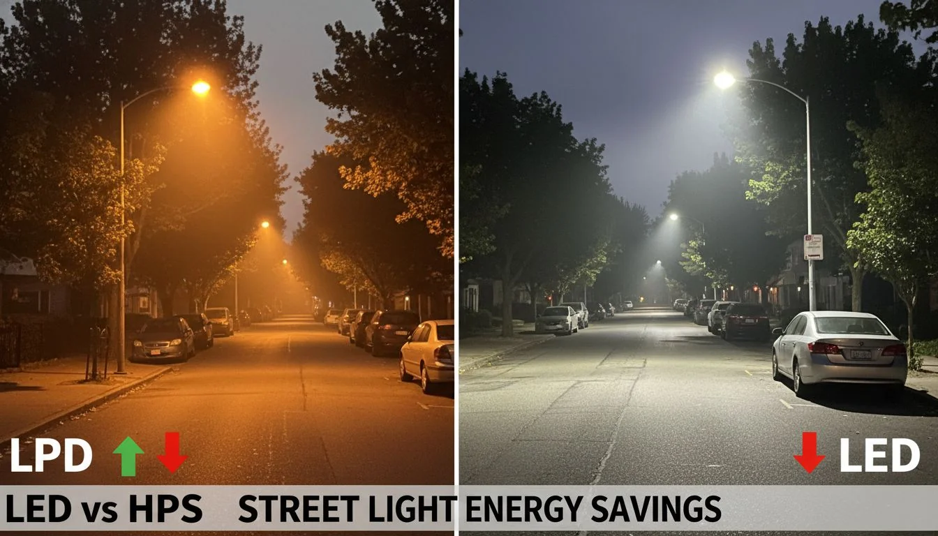 A split image showing an old orange HPS light versus a bright white LED light