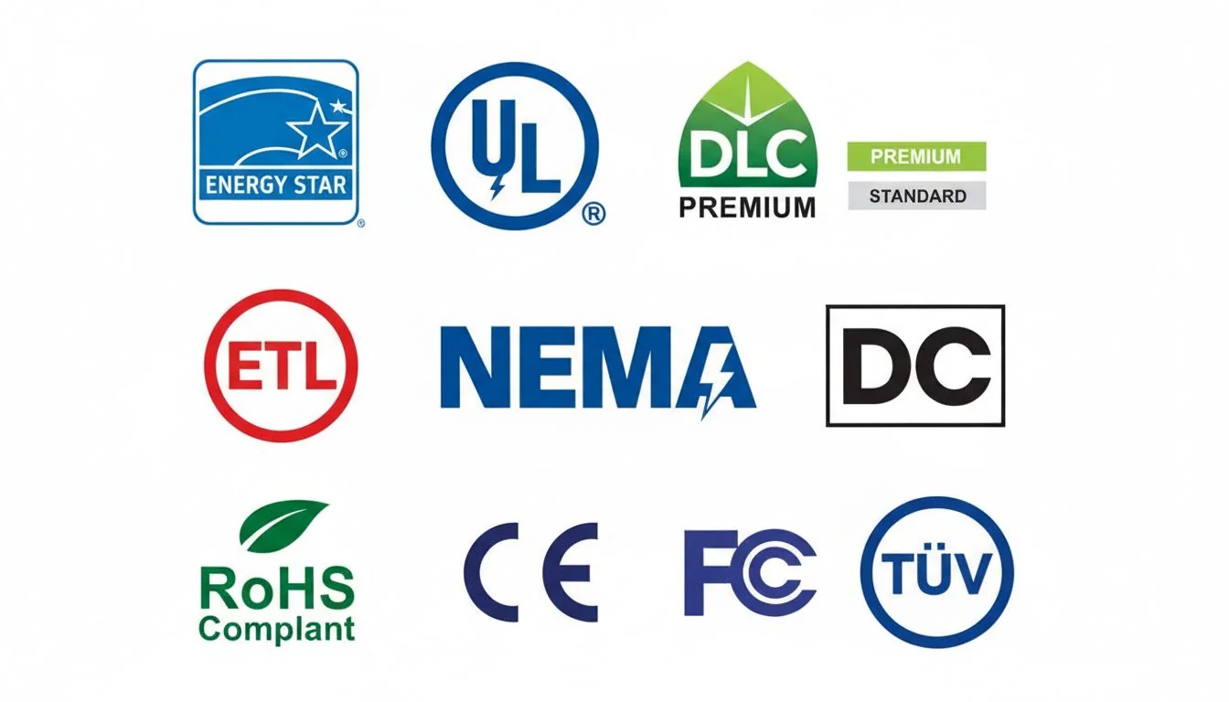A collection of certification logos like UL, DLC, and NEMA