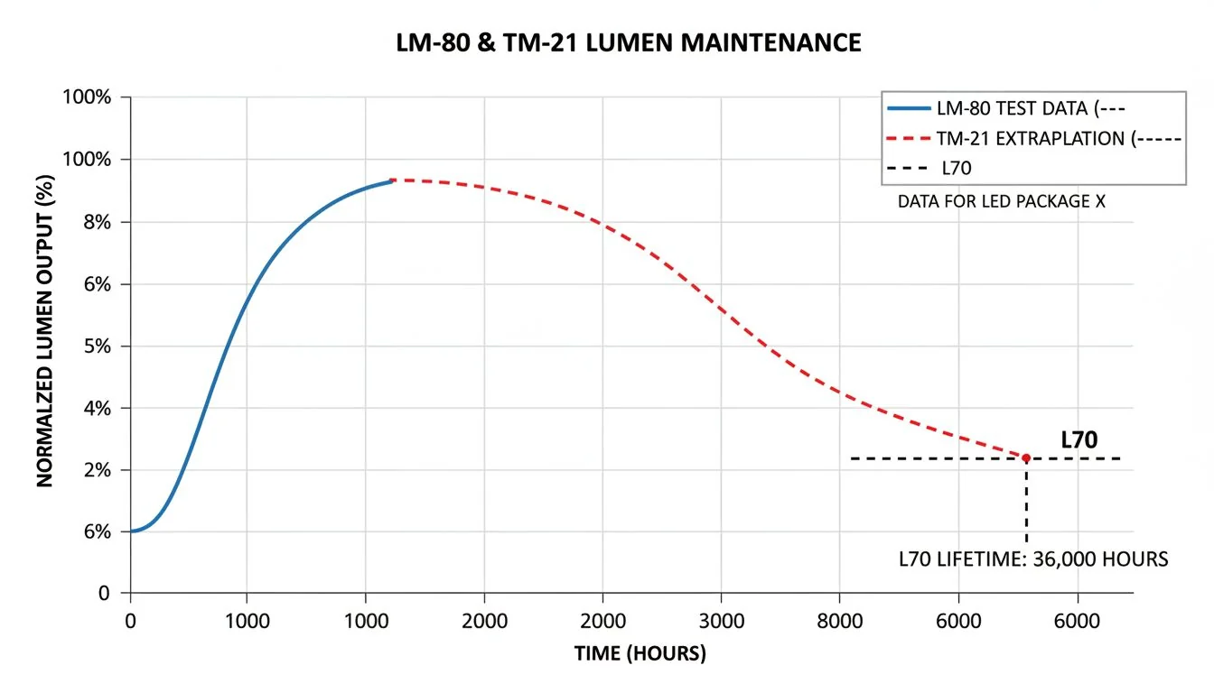 A graph showing lumen depreciation curves from an LM-80 test and the TM-21 extrapolation to the L70 line.