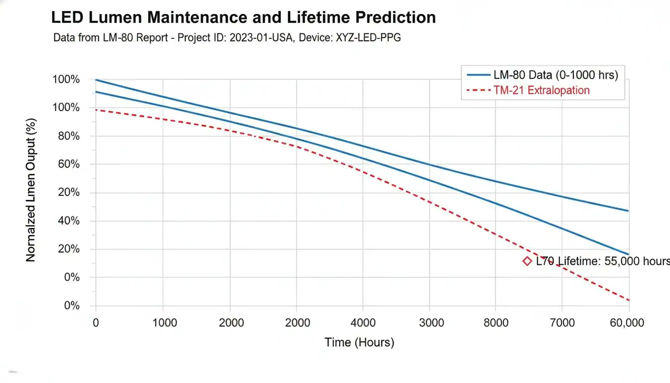 A graph showing lumen maintenance curves from an LM-80 report, with a TM-21 extrapolation line.