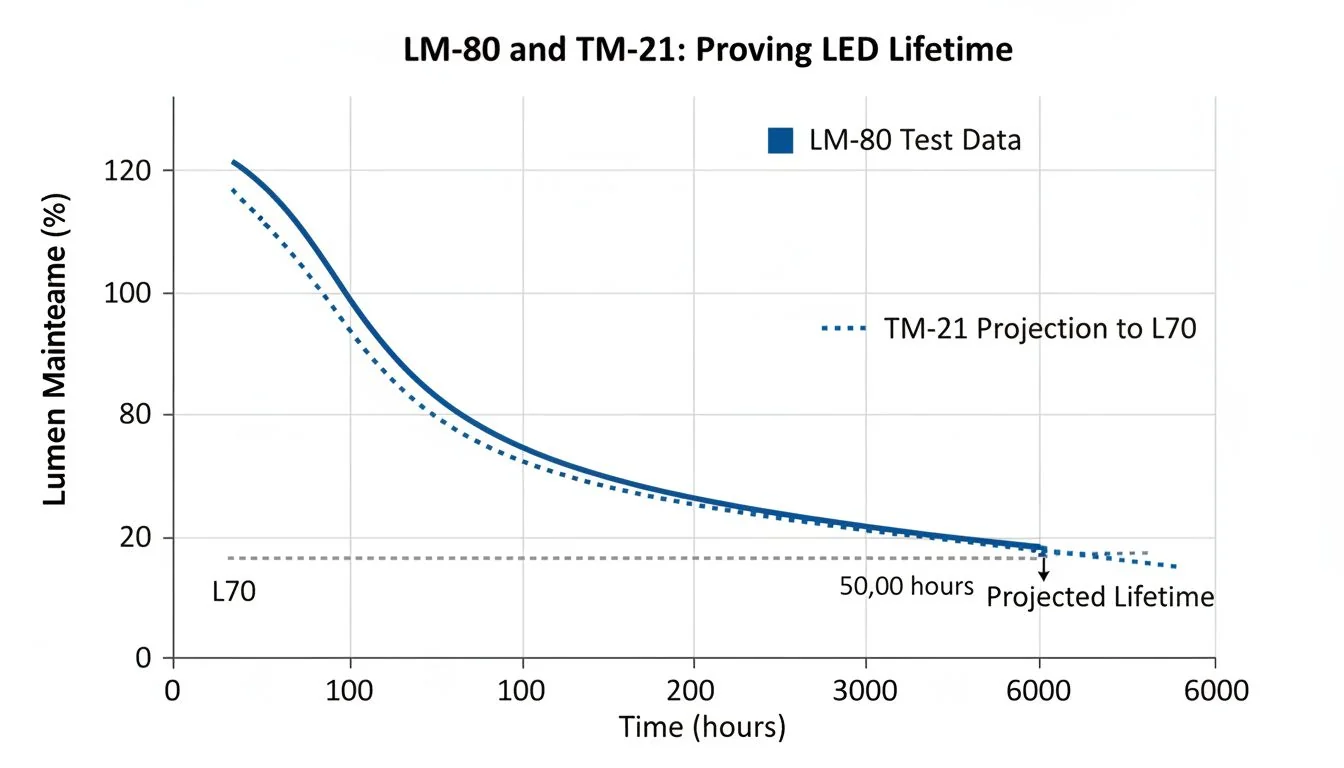 A graph showing lumen depreciation over time, with a solid line for LM-80 test data and a dotted line for the TM-21 projection to L70.