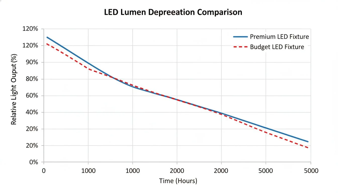 A graph showing lumen depreciation over time for a premium vs. a budget LED fixture.