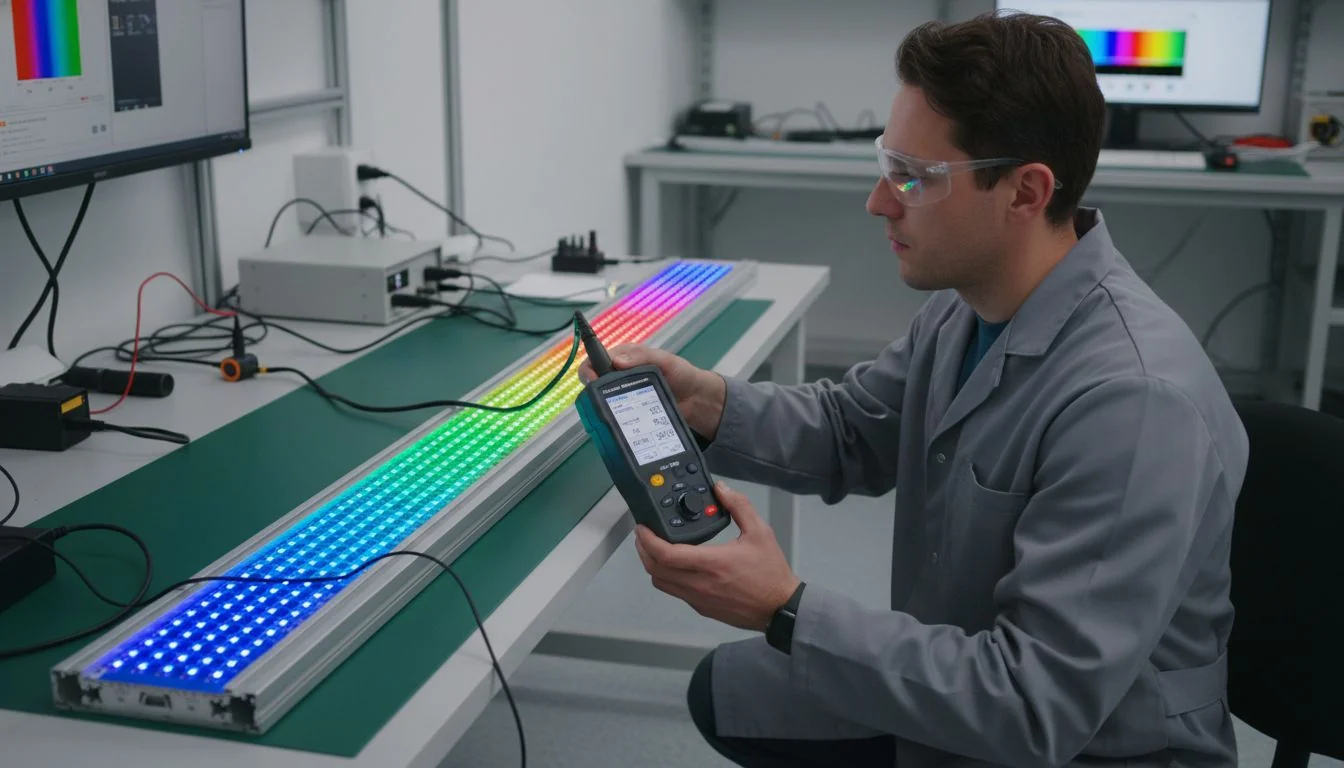A technician using a handheld spectroradiometer to measure the color output of an LED strip light.