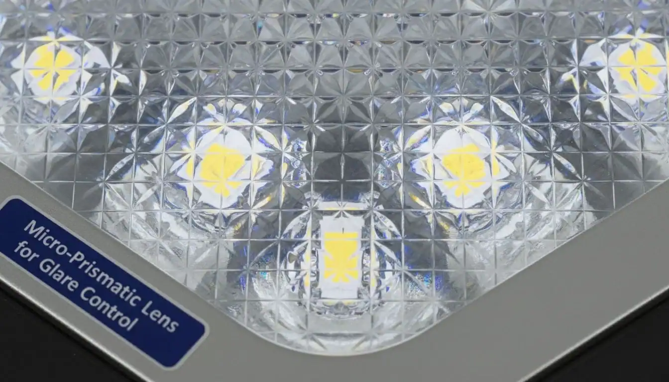 A close-up shot of a micro-prismatic lens on an LED street light, showing its complex texture.