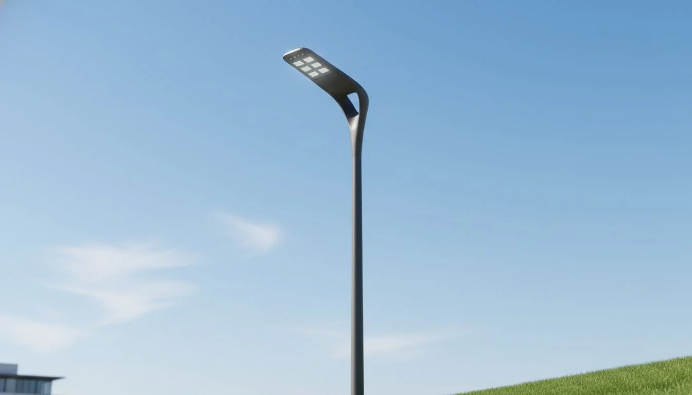 A single modern LED street light against a blue sky