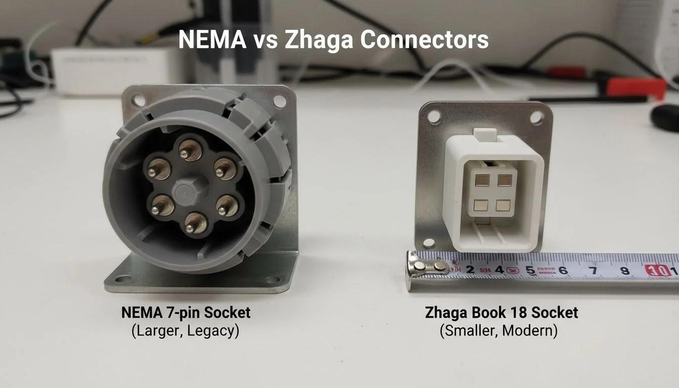 A side-by-side comparison of a NEMA 7-pin socket and a smaller Zhaga Book 18 socket