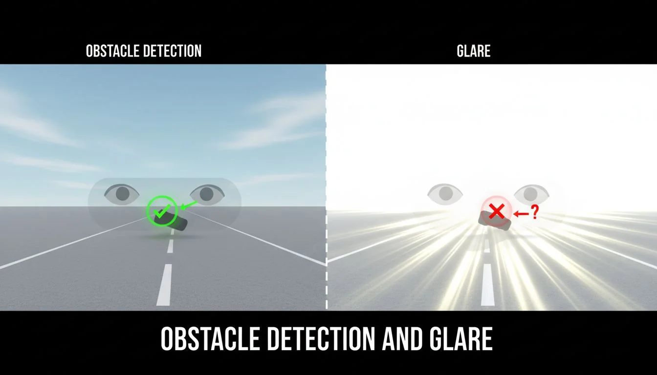 A graphic illustrating the concept of obstacle detection, showing a driver easily spotting a dark object on a moderately lit, uniform road, but struggling to see it on an overly bright, glary road.